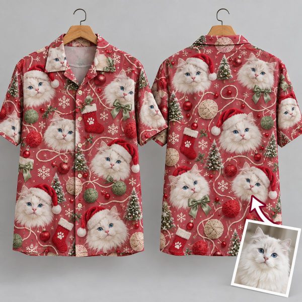 White Cat Christmas Hawaiian Shirt – Santa Hat & Holiday Feline Print