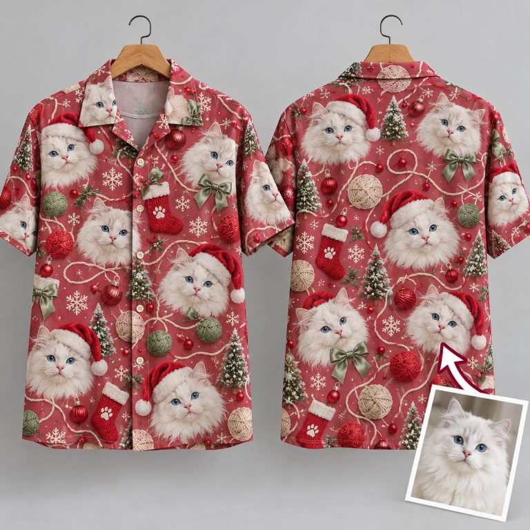 White Cat Christmas Hawaiian Shirt – Santa Hat & Holiday Feline Print