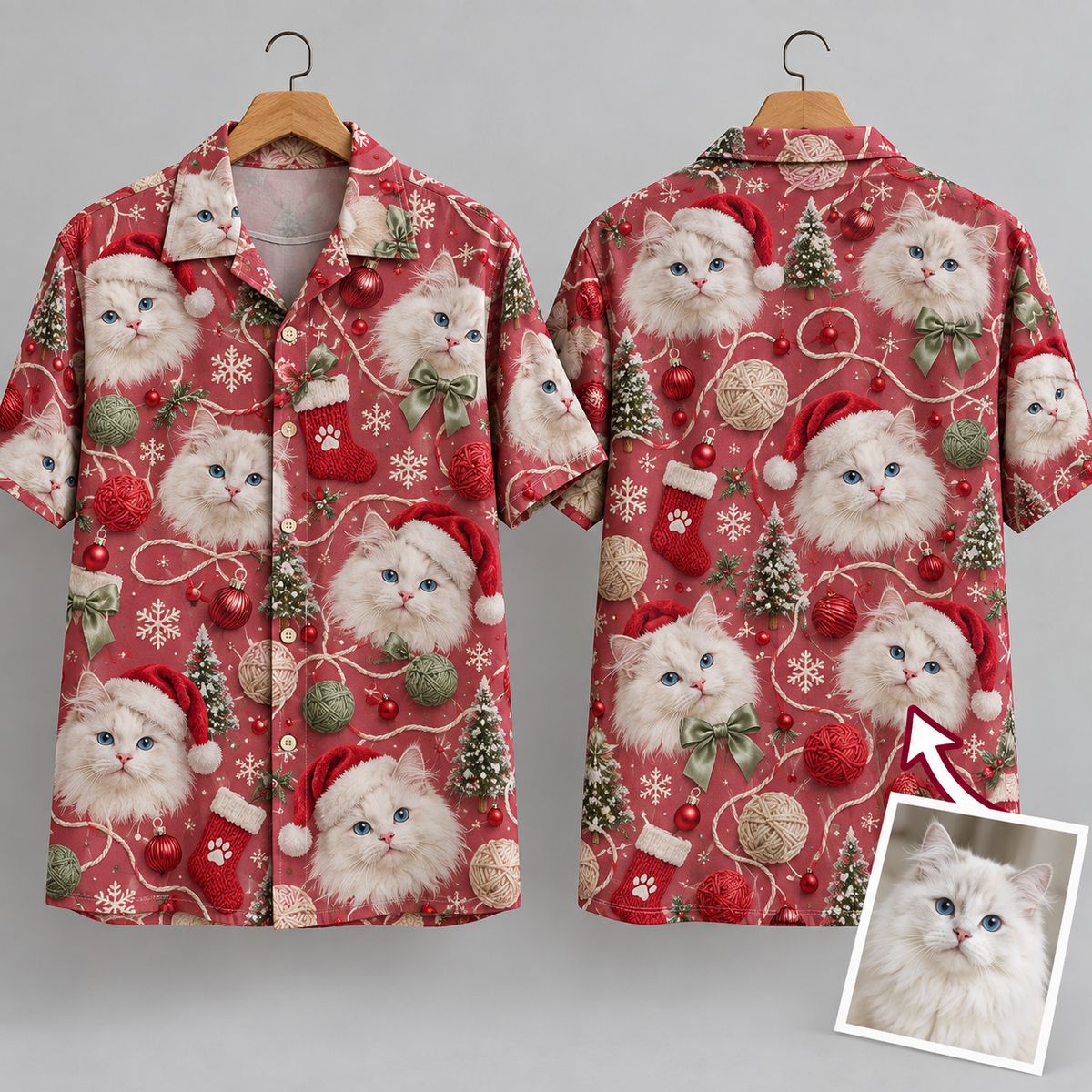 White Cat Christmas Hawaiian Shirt – Santa Hat & Holiday Feline Print