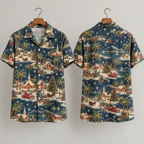 Winter Village Christmas Hawaiian Shirt – Navy Holiday Aloha