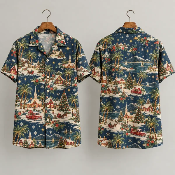 Winter Village Christmas Hawaiian Shirt – Navy Holiday Aloha