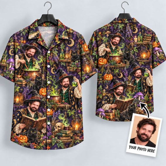 Wizard Sorcerer Halloween Hawaiian Shirt – Spooky Cauldron & Black Cat Aloha