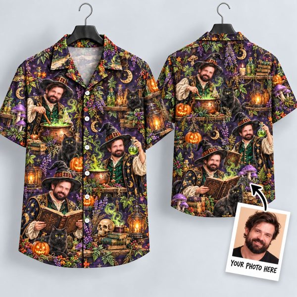 Wizard Sorcerer Halloween Hawaiian Shirt – Spooky Cauldron & Black Cat Aloha