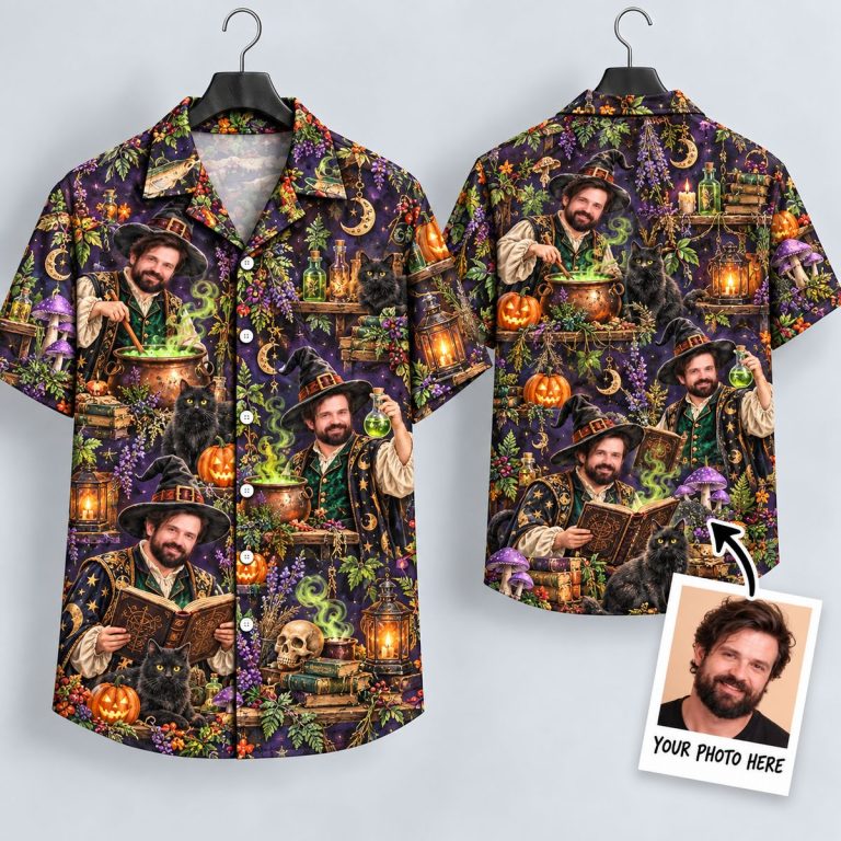 Wizard Sorcerer Halloween Hawaiian Shirt – Spooky Cauldron & Black Cat Aloha