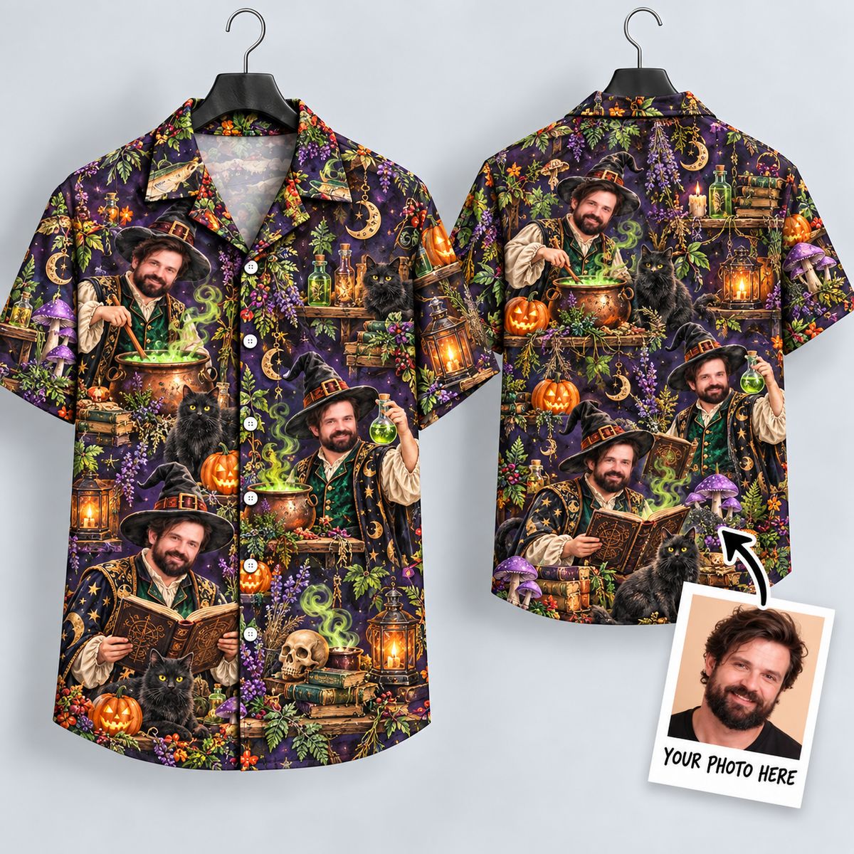 Wizard Sorcerer Halloween Hawaiian Shirt – Spooky Cauldron & Black Cat Aloha