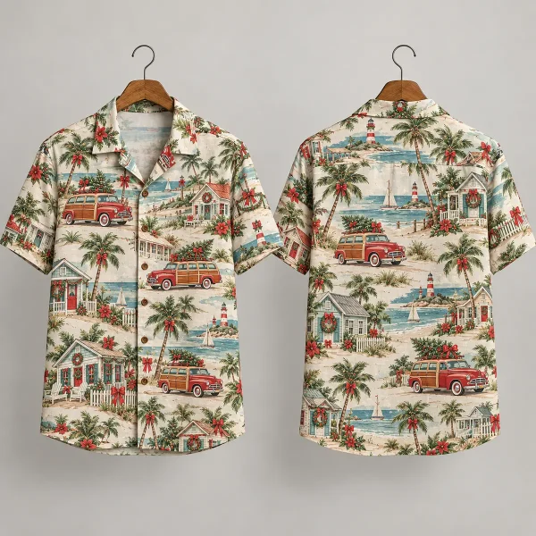 Woodie Christmas Hawaiian Shirt with Coastal Cottages
