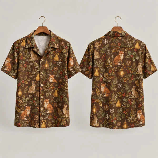 Fox & Rabbit Woodland Christmas Hawaiian Shirt Brown