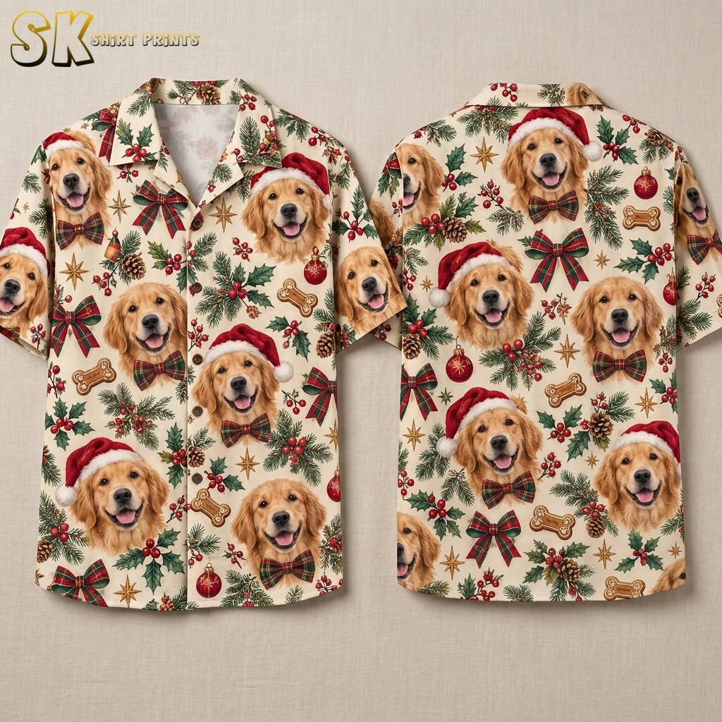 Both the front and back of a cream mens christmas hawaiian shirt are displayed side by side, showing the all-over Golden Retriever portrait print with Santa hats, tartan bows, holly sprigs, and gingerbread dog bones across every panel.