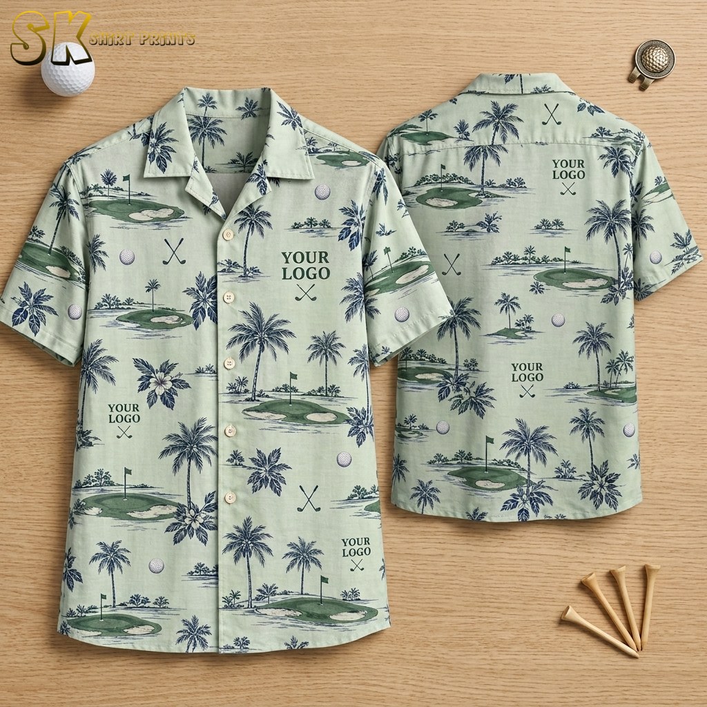 Both the front and back of a light green custom Hawaiian shirt with company logo placeholders are shown flat on a wooden surface, surrounded by golf tees and a ball, with navy palm trees and putting green scenes covering the fabric.