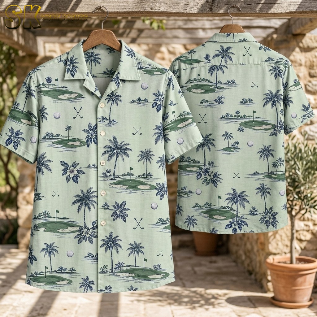 Two company logo Hawaiian shirts hang on wooden hangers against a rustic stone wall, one showing the front with palm trees and golf course scenes and one showing the back with crossed clubs and a putting green flag.