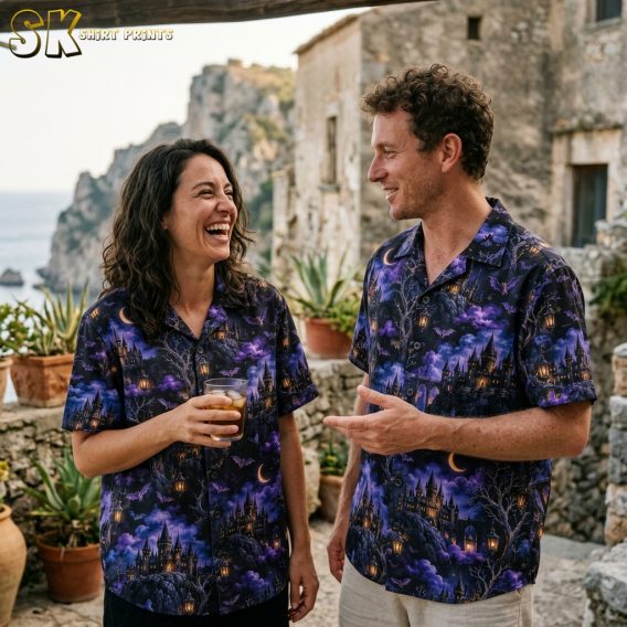 Couple wearing matching halloween hawaiian shirts with an all-over gothic castle, bat, and crescent moon print on a dark purple background.