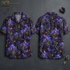 Front and back hanger view of a halloween hawaiian shirt with an all-over gothic castle, bat, crescent moon, and lantern pattern on a dark purple background.