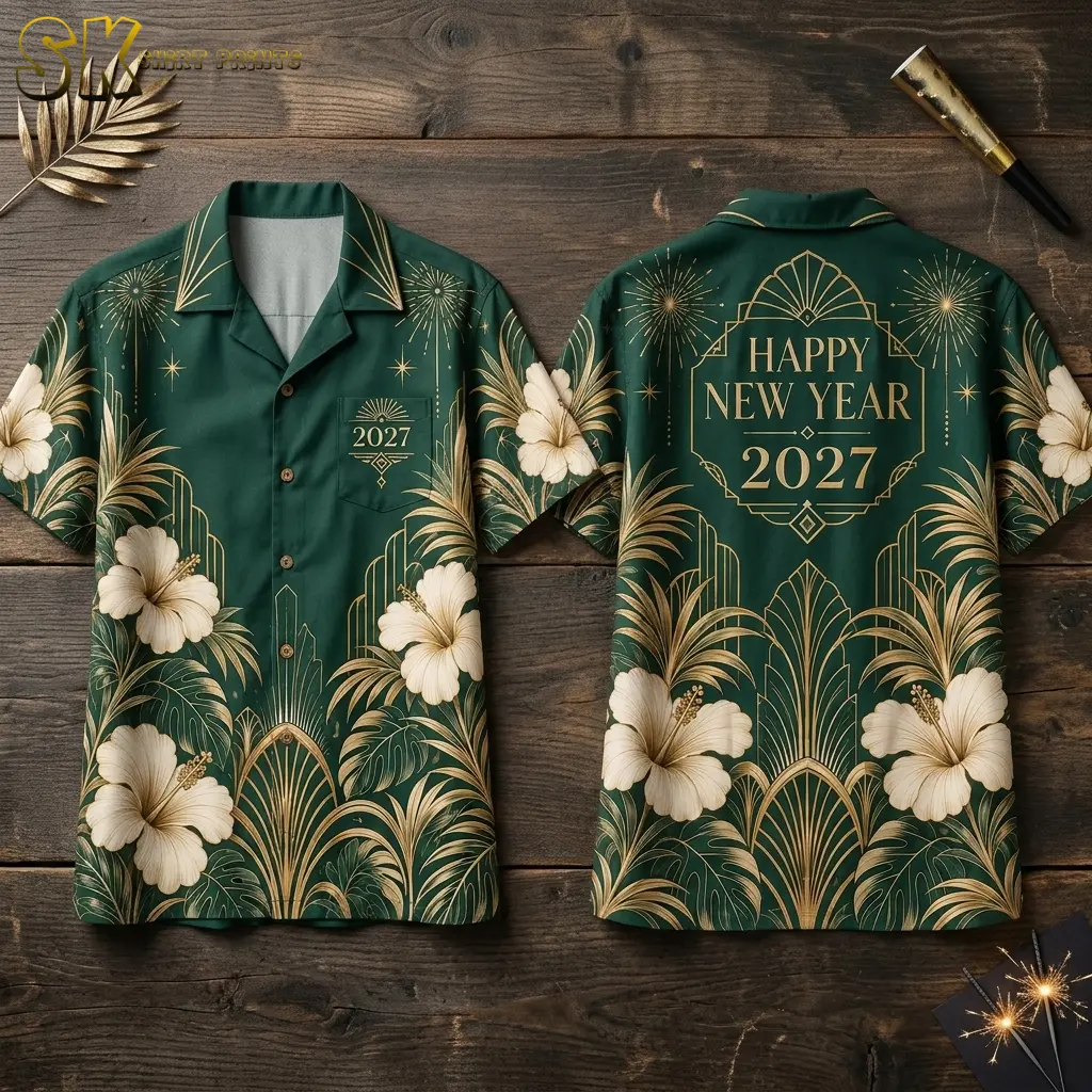 A dark green Hawaiian shirt lies front and back on wood, showing cream flowers and gold HAPPY NEW YEAR 2027 lettering.