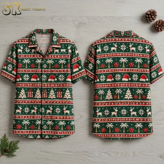 Front and back of a green Christmas themed Hawaiian shirt lie on a pale wood surface, showing rows of reindeer, palm trees, and Santa hats.