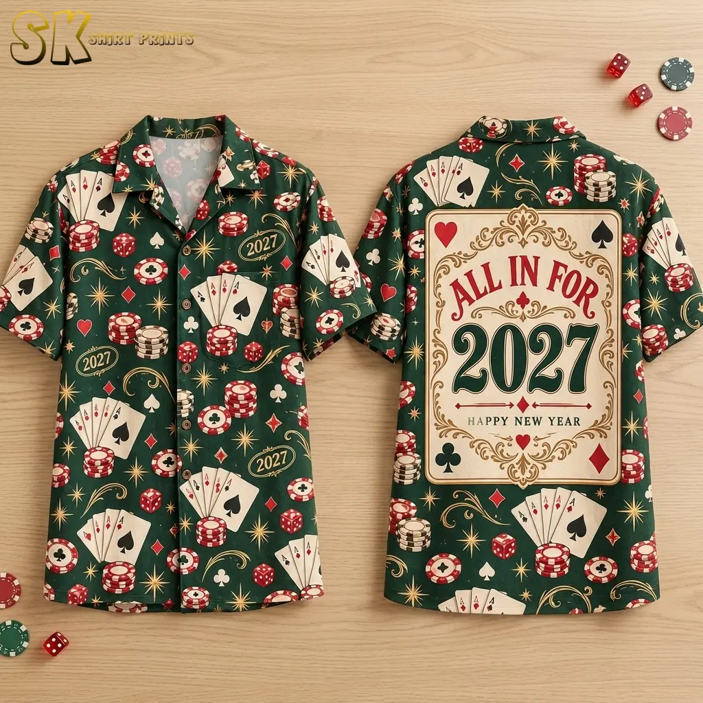 Front and back of a dark green poker-print shirt laid on wood, with an ornate back panel reading “All In for 2027.”