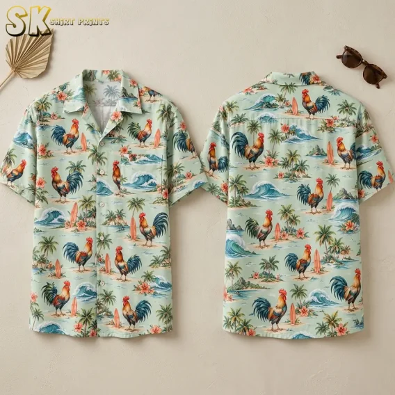 A pale green rooster Hawaiian shirt is displayed front and back against a neutral background, showing its colorful tropical print.