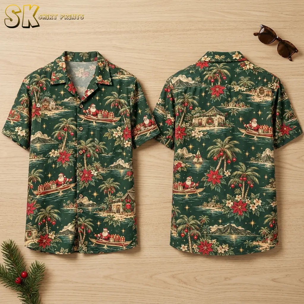 Front and back of a dark green Christmas Hawaiian shirt laid on wood, featuring Santa in canoes and ornament-decorated palms.