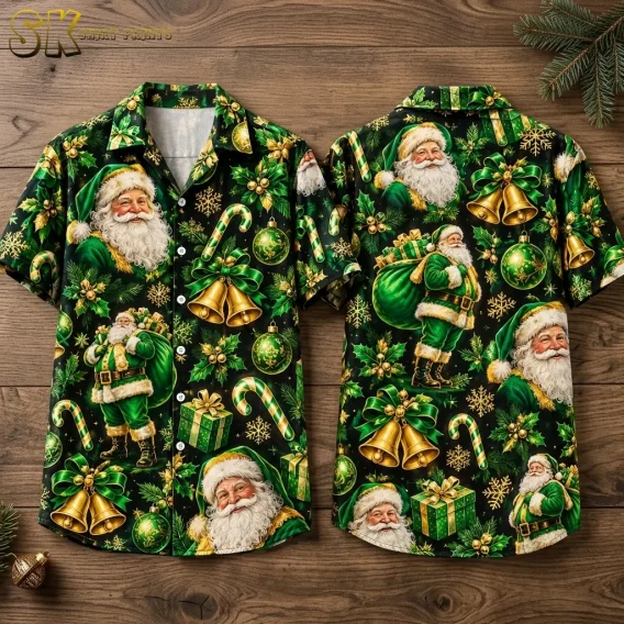 Front and back of a black Santa Claus Hawaiian shirt laid on wood, featuring green-clad Santas and gold bells.