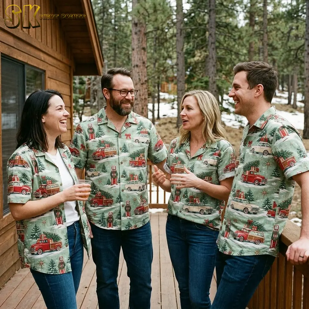 Two women and two men laugh together on a snowy cabin deck, each wearing the same sage green christmas hawaiian shirt with vintage trucks and Christmas trees printed all over it.