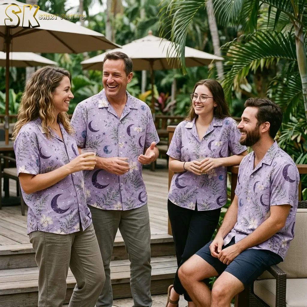 Four people laughing together on a wooden deck surrounded by palm trees, each wearing the same lavender moon-and-floral shirt in what appears to be a casual outdoor social setting.