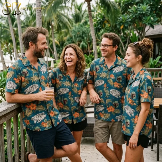 Two men and two women laugh together on a wooden deck surrounded by tropical palms, each wearing the same teal star wars aloha shirt with orange hibiscus and spaceship motifs.
