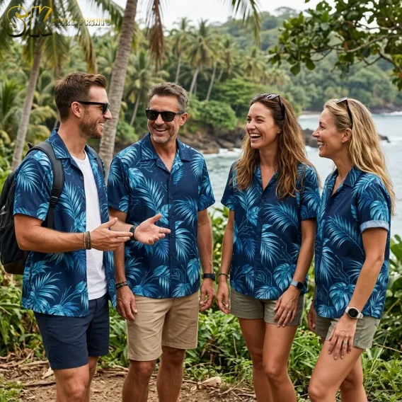 Two men and two women laugh together on a jungle trail near the ocean, all wearing the same navy monstera-and-palm logo Hawaiian shirt in a coordinated group look.