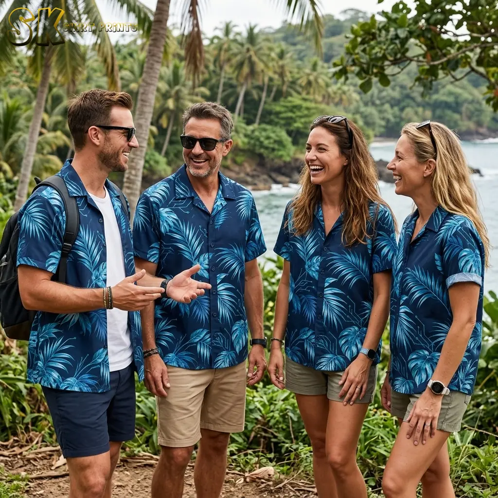 Two men and two women laugh together on a jungle trail near the ocean, all wearing the same navy monstera-and-palm logo Hawaiian shirt in a coordinated group look.