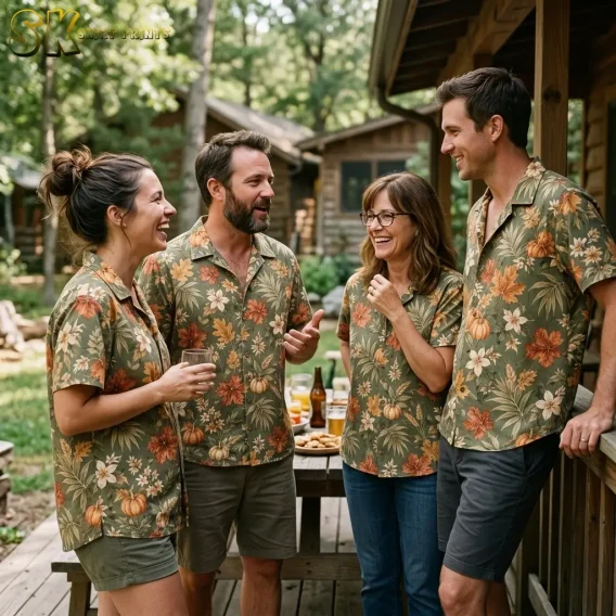 Four adults smile together on a wooden porch wearing matching olive green shirts patterned with pumpkins and autumn foliage.