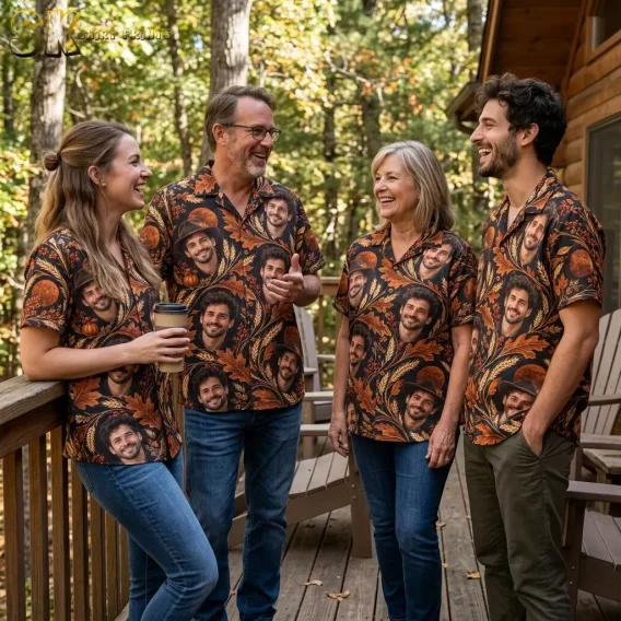 Four adults smile together on a wooden deck wearing matching black shirts with portrait faces and orange fall leaves.