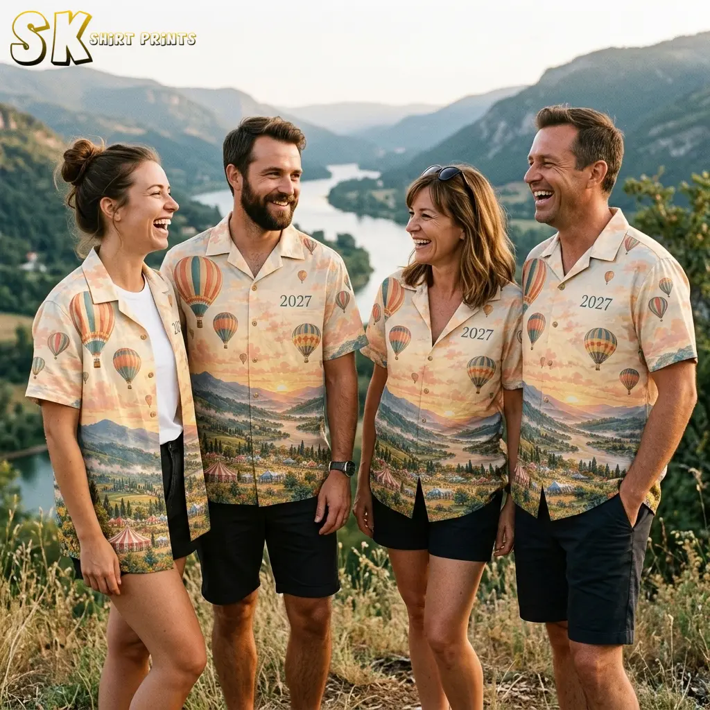 Four adults wear matching 2027 balloon-print shirts while laughing at an overlook above a winding river and wooded hills.