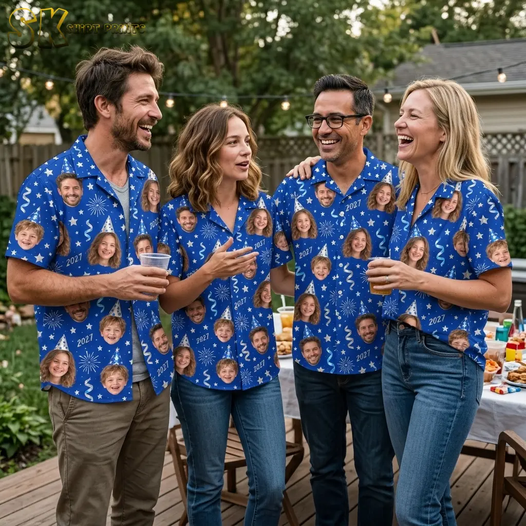 Four adults in matching family shirts with blue face-and-star prints laugh together on a wooden deck.