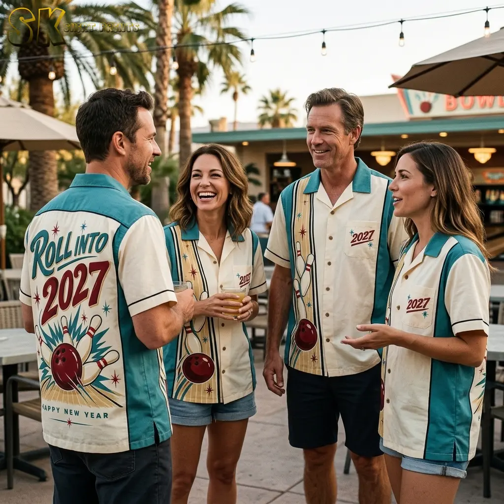 Four adults chat on an outdoor patio in matching bowling shirts, with one showing the Roll Into 2027 back graphic.