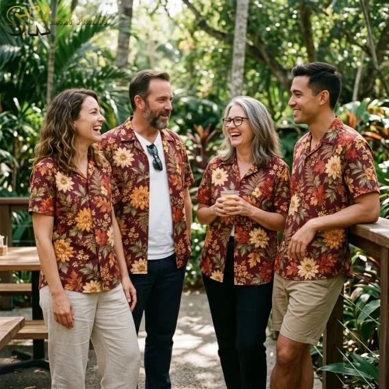 Four smiling adults wear matching burgundy floral shirts beside a wooden railing surrounded by greenery.