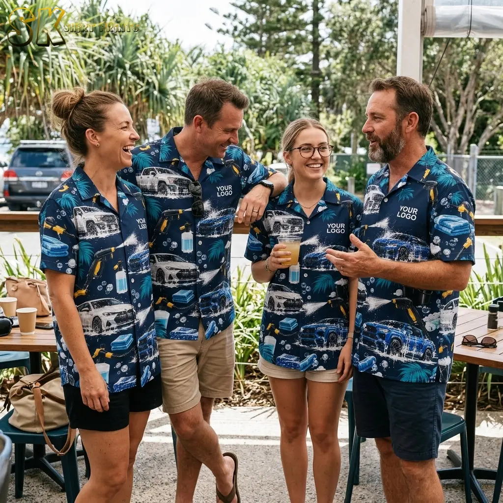 Two men and two women laugh together at an outdoor café, each wearing the same navy company logo hawaiian shirt printed with car wash scenes and tropical leaves.