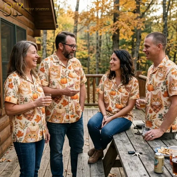 Four adults gather around a wooden picnic table on a deck wearing matching cream shirts printed with cats and pumpkins.