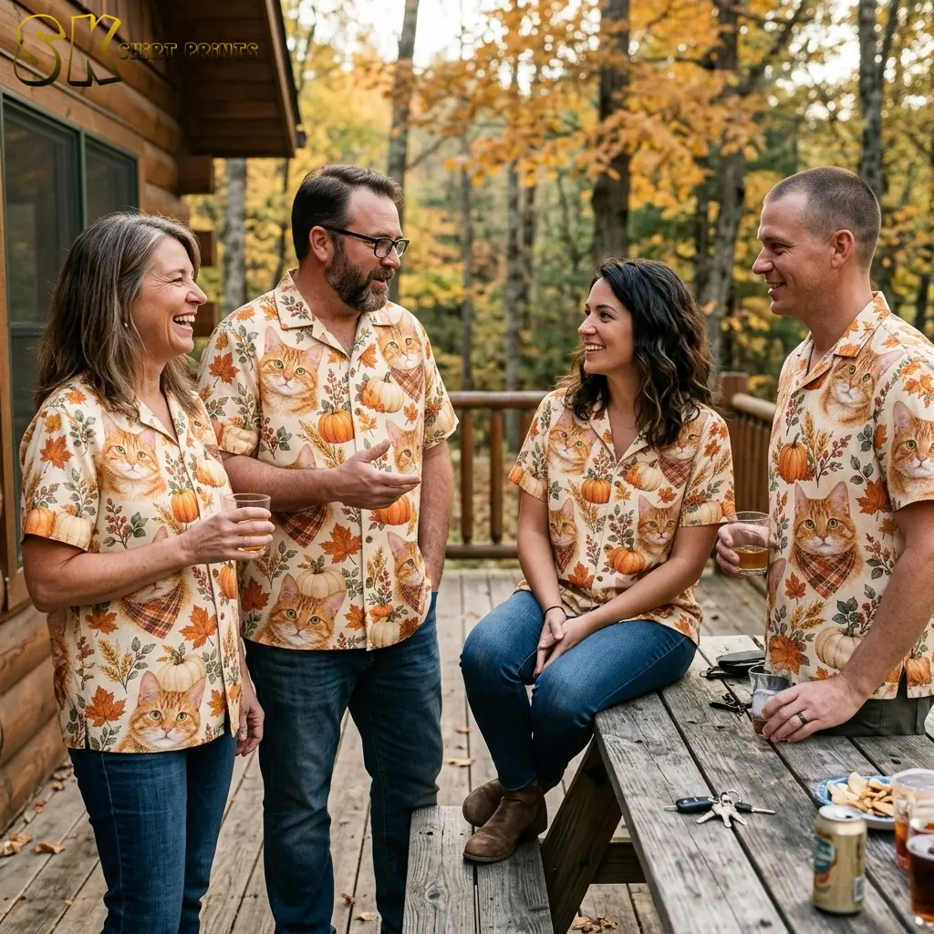 Four adults gather around a wooden picnic table on a deck wearing matching cream shirts printed with cats and pumpkins.
