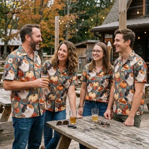 Four adults wearing matching blue cat-and-pumpkin shirts gather around a wooden picnic table beneath string lights and autumn trees.