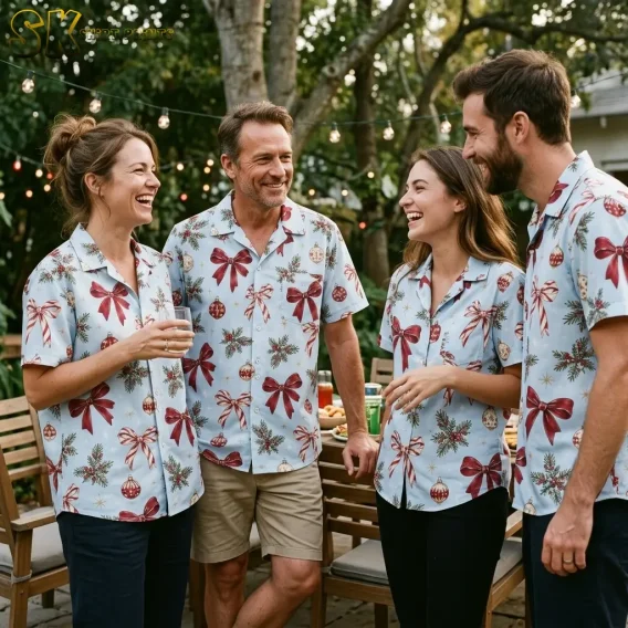 Four adults wearing matching light blue Christmas aloha shirts laugh together beneath outdoor string lights.