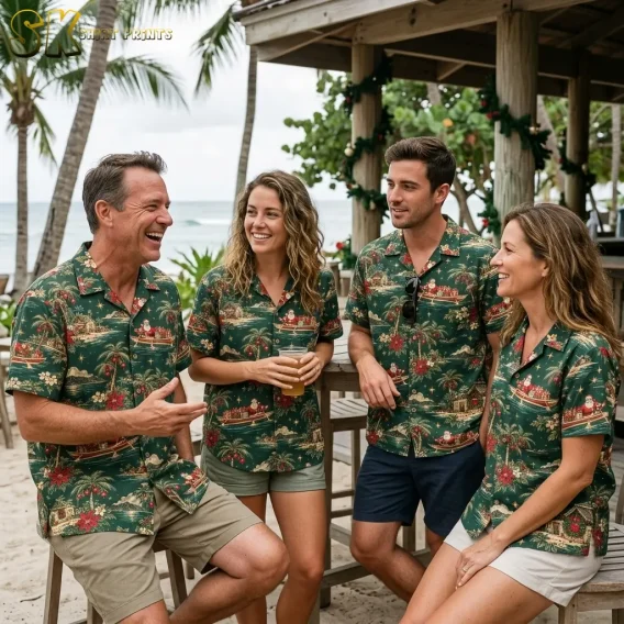 Four adults wear matching green Christmas aloha shirts with Santa canoe prints beside a palm-lined beach.