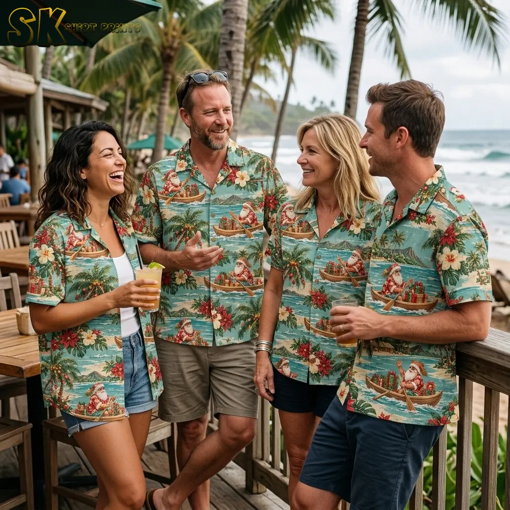 Four adults stand together by the beach wearing matching turquoise Hawaiian shirts printed with Santa in canoes.