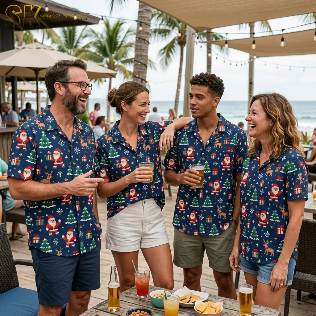 Four adults wear matching Christmas Hawaiian shirts while chatting beside a table at a palm-lined beachside patio.