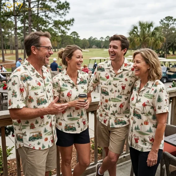 Four adults smile together beside a golf course in matching cream Christmas aloha shirts patterned with golfing Santas.