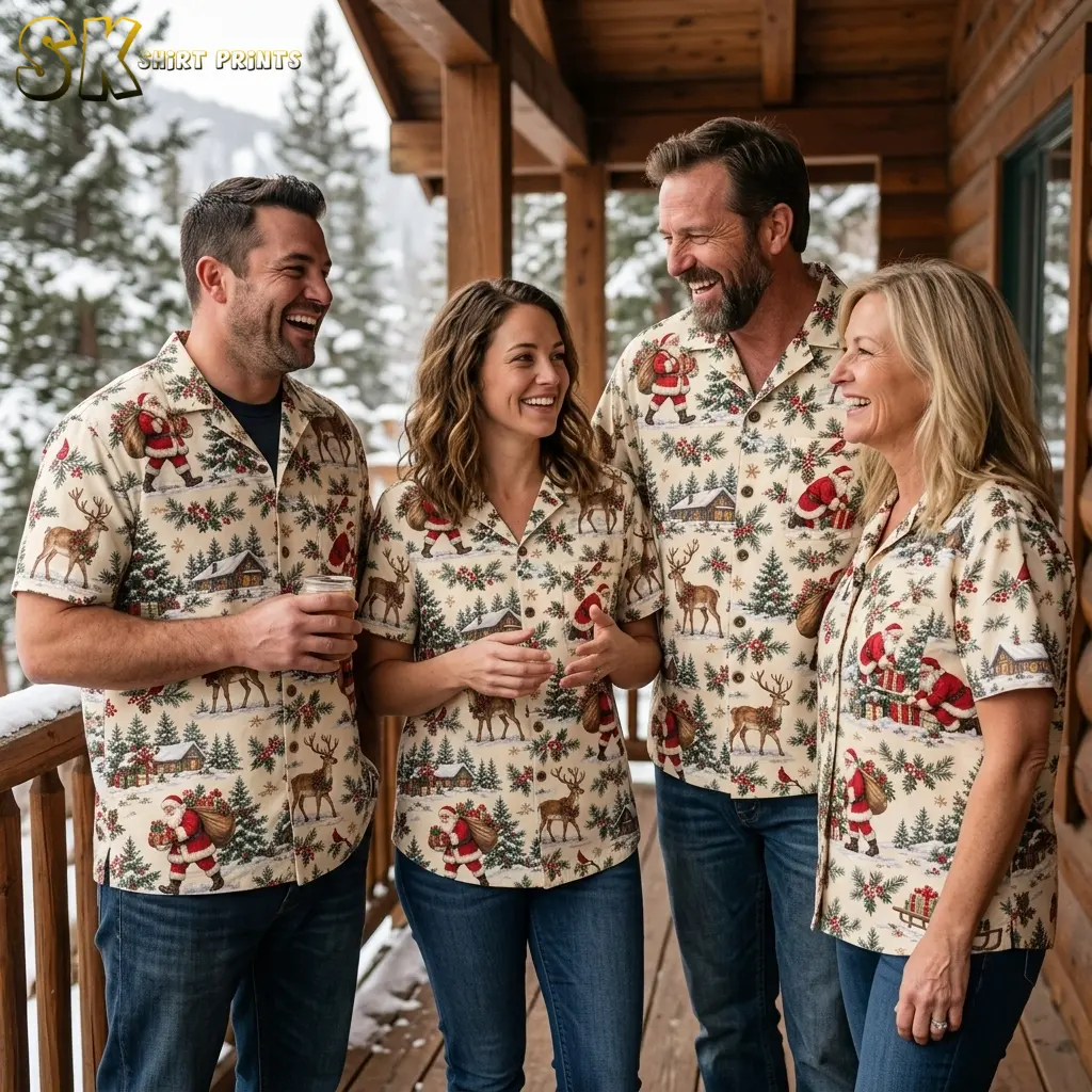 Four adults laugh together on a wooden porch, wearing matching cream Christmas shirts printed with Santa and winter scenes.