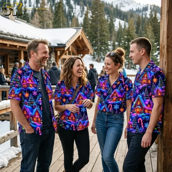 Four adults wear matching navy Christmas-print shirts on a wooden porch with snowy buildings and evergreen trees behind them.