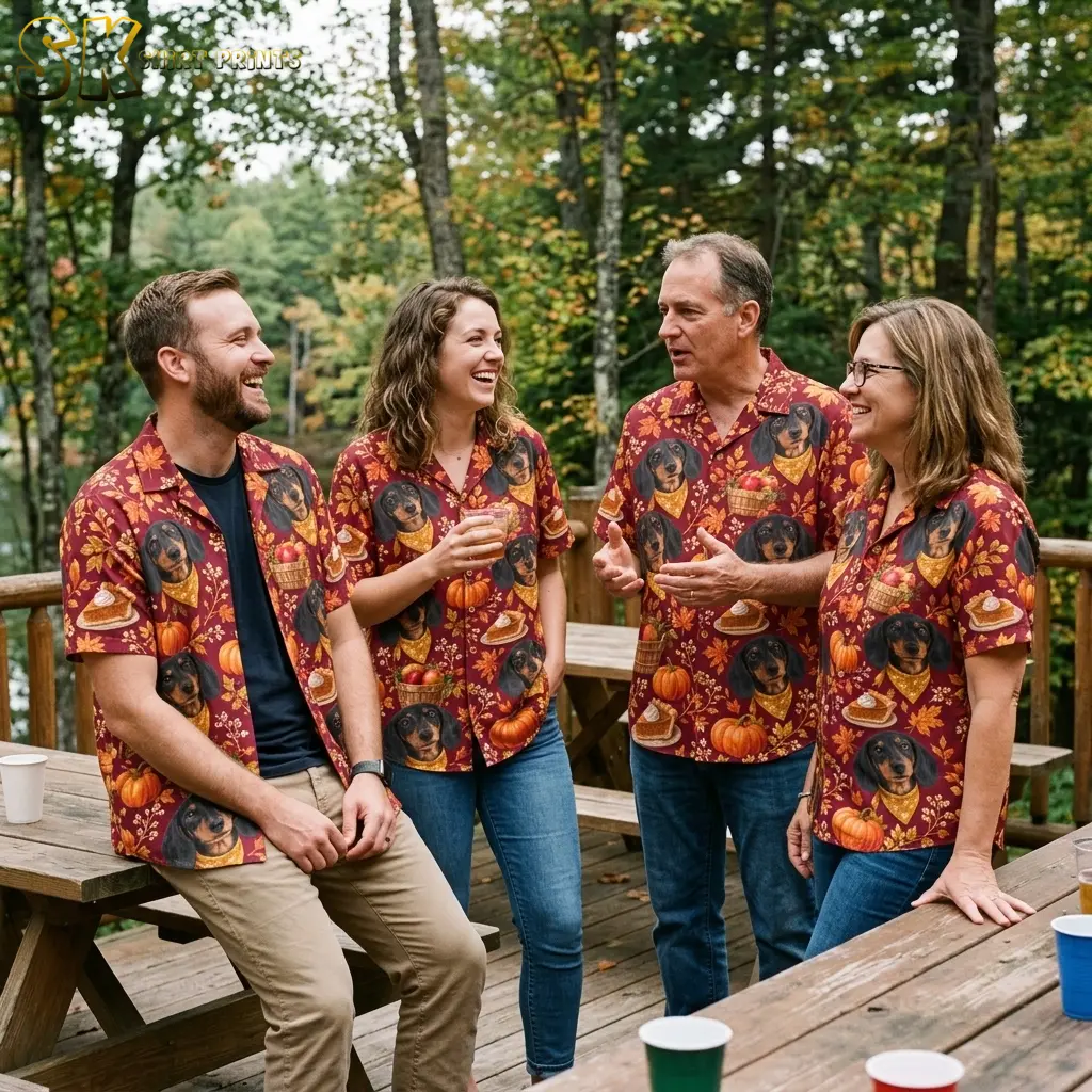 Four adults gather beside picnic tables on a wooded deck wearing matching maroon shirts with dachshund and autumn harvest prints.