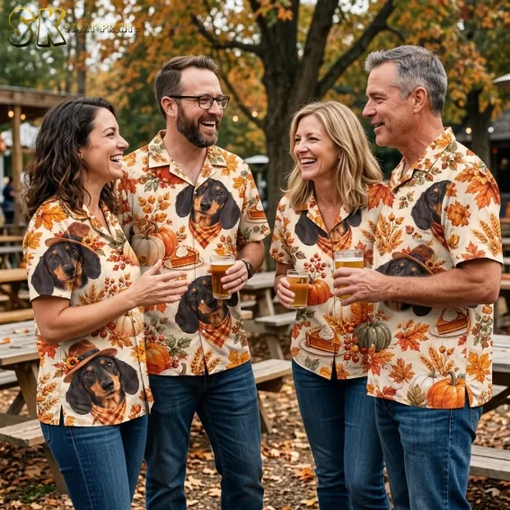 Four adults laugh beside picnic tables in matching Thanksgiving Hawaiian shirts printed with dachshunds and pumpkins.