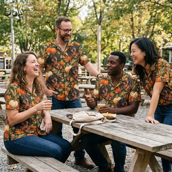 Four adults gather around an outdoor picnic table wearing matching green shirts with dachshund, pumpkin, and autumn leaf prints.