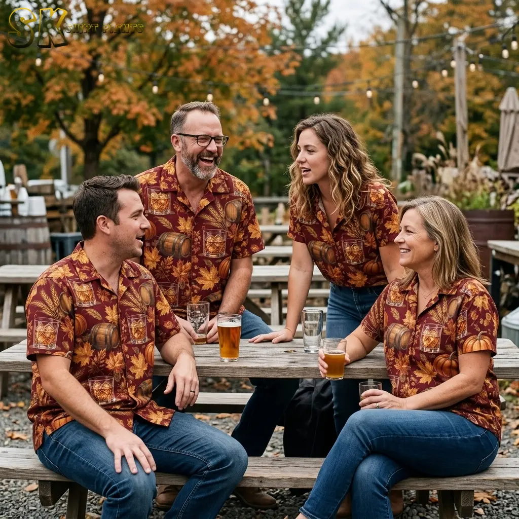 Four adults gather around an outdoor picnic table wearing matching burgundy shirts with autumn leaves and whiskey-themed illustrations.