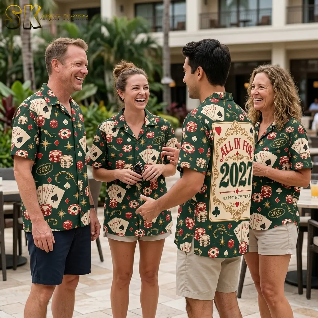 Four adults chat outdoors in matching green poker-print shirts, with one turned to show the “All In for 2027” back design.