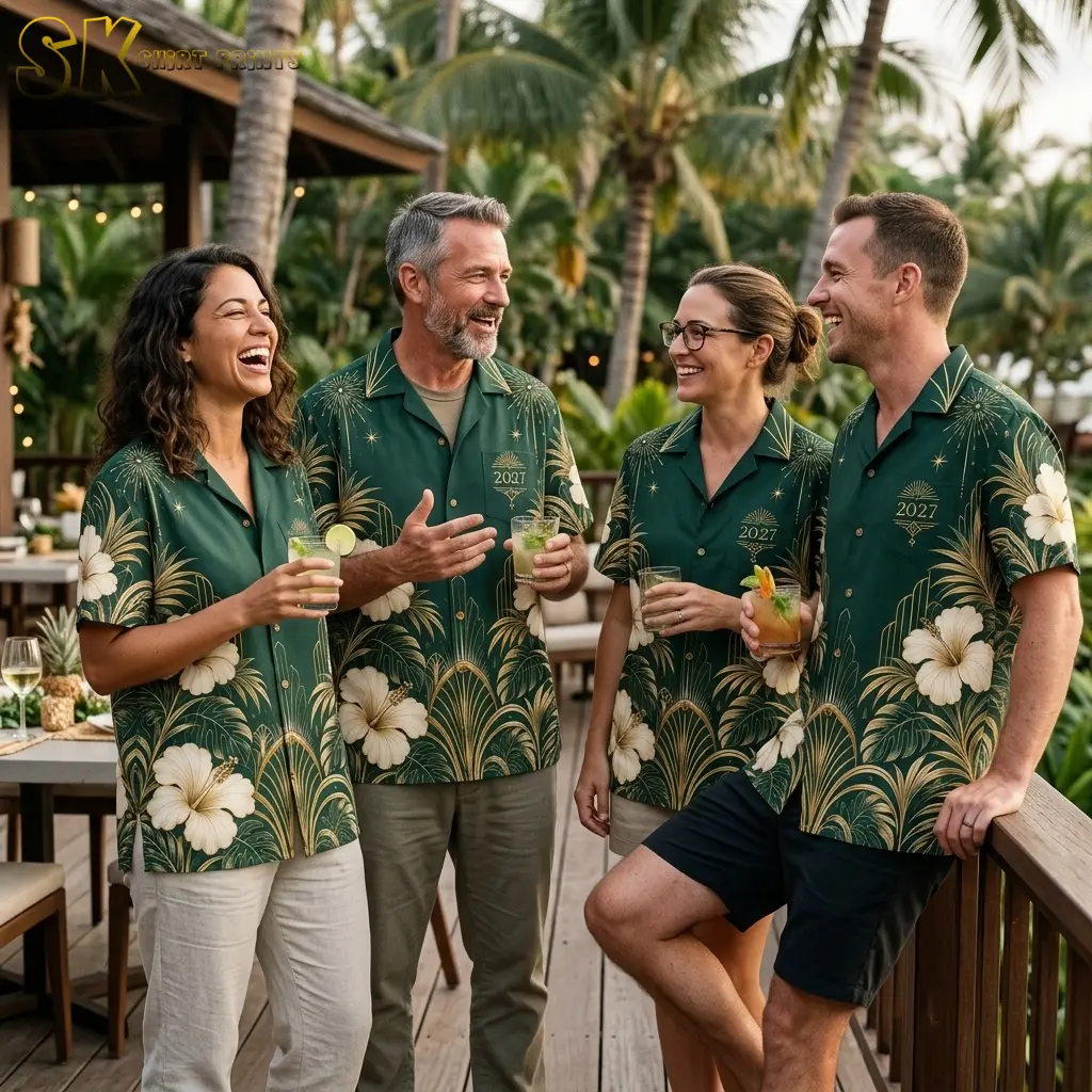 Four adults hold drinks on a palm-lined deck while wearing matching green shirts with cream flowers and gold 2027 chest designs.